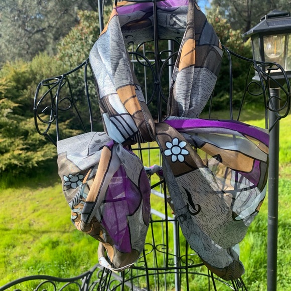 Picasso print silky long sheer scarf in shades of blue on black,HP25 - Picture 14 of 14